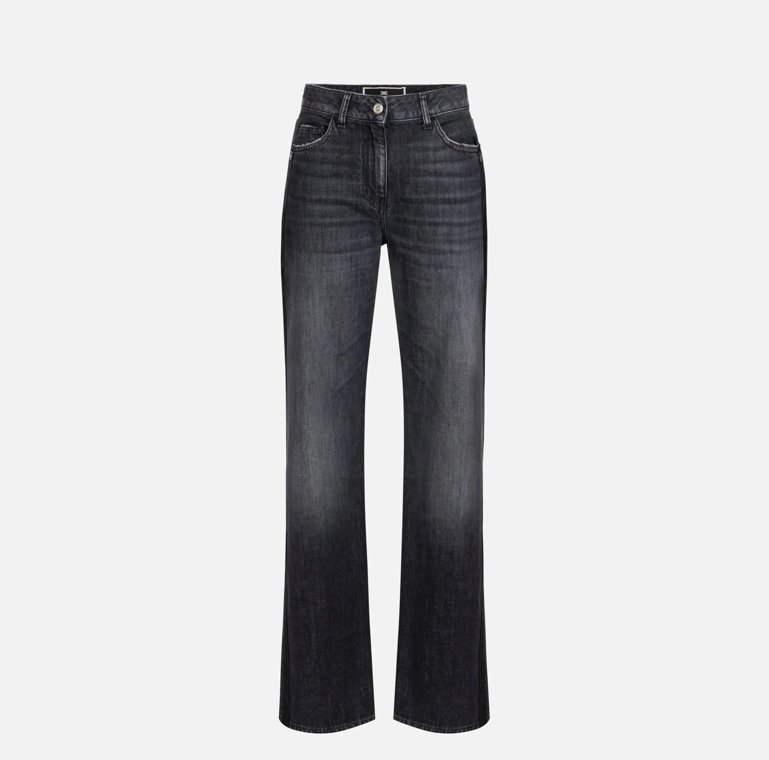 Jeans|Elisabetta Franchi Jeans a gamba larga in cotone organico con bande in raso Blackdenim