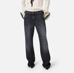 Jeans|Elisabetta Franchi Jeans a gamba larga in cotone organico con bande in raso Blackdenim