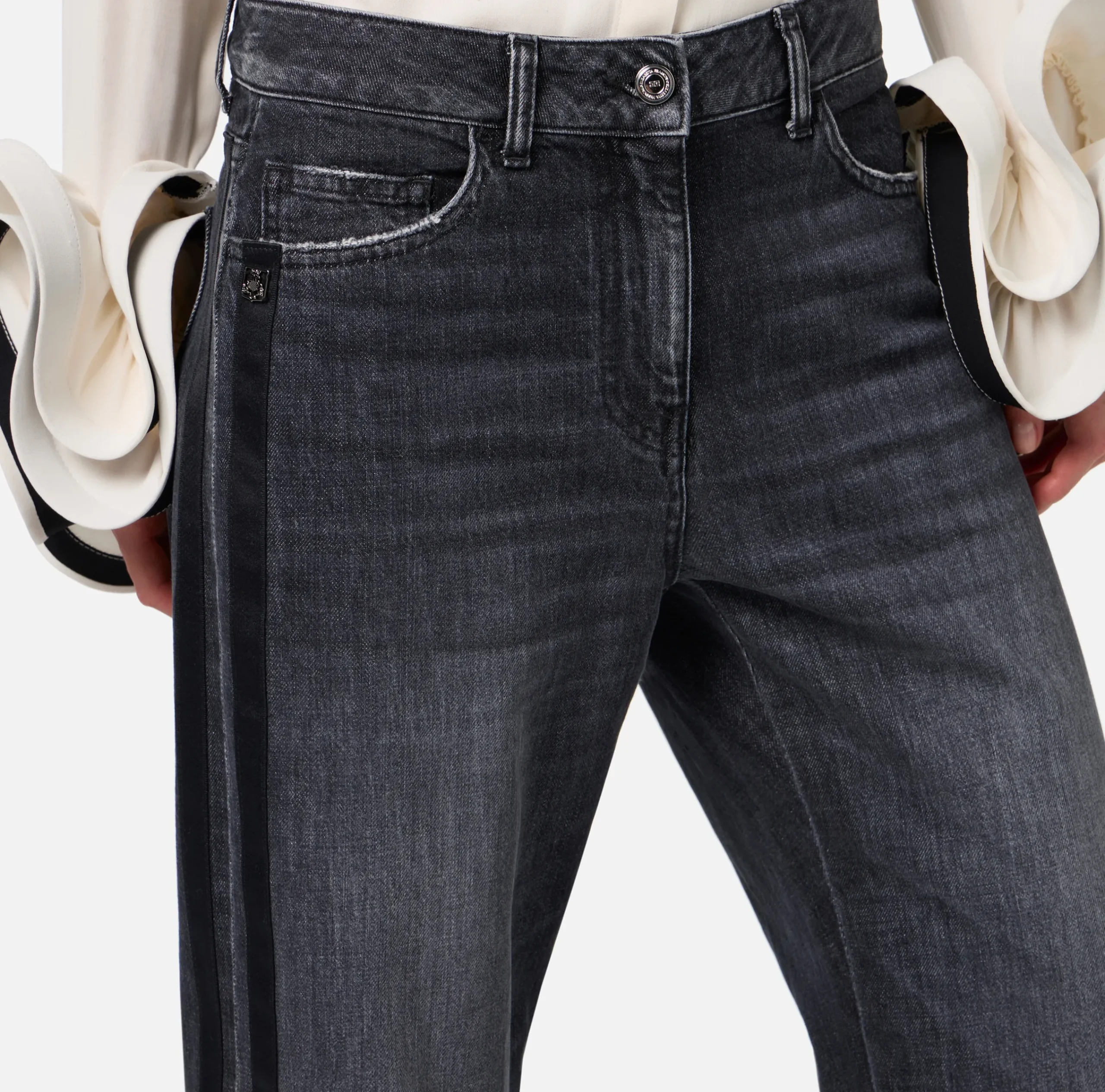 Jeans|Elisabetta Franchi Jeans a gamba larga in cotone organico con bande in raso Blackdenim