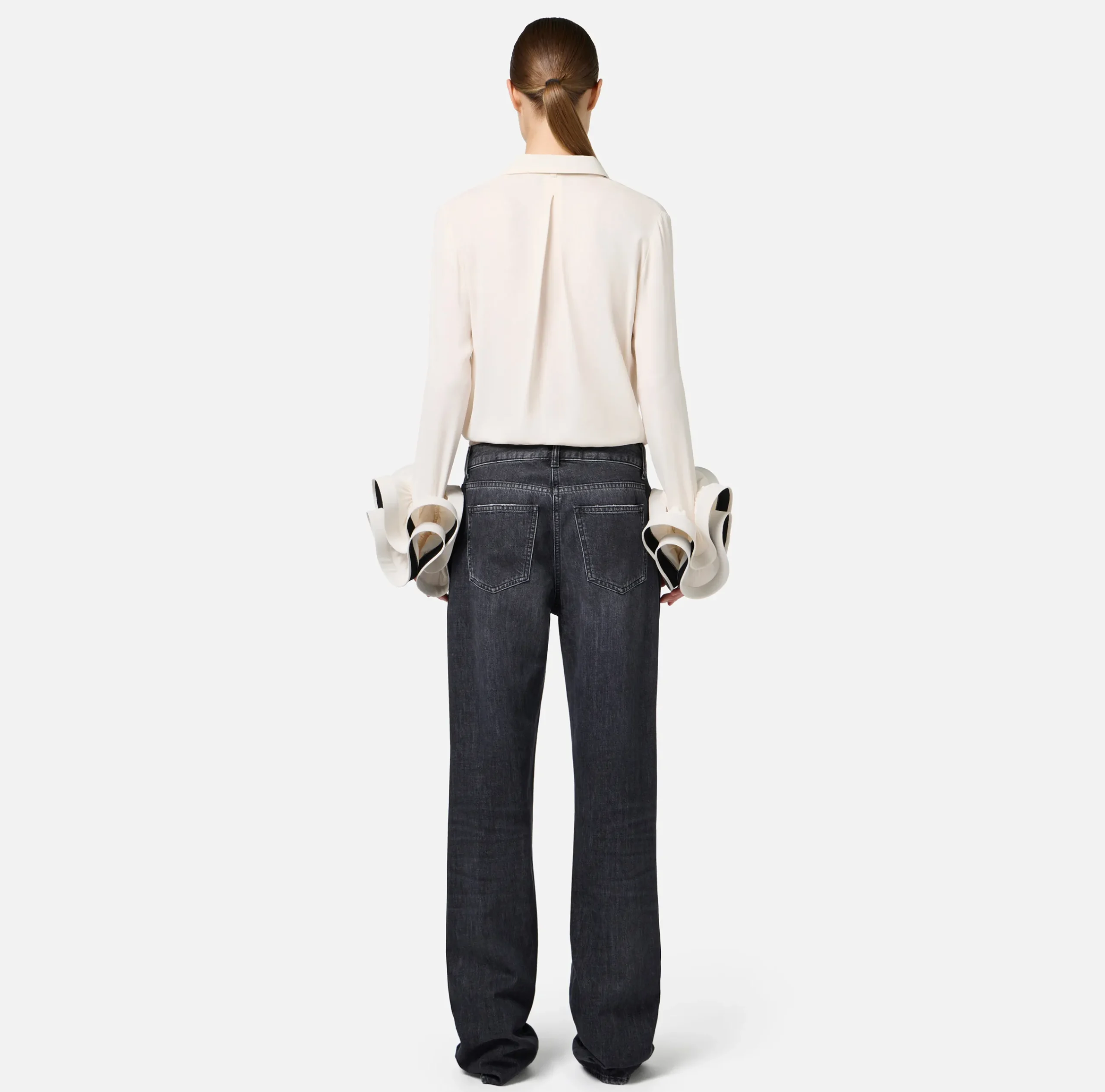 Jeans|Elisabetta Franchi Jeans a gamba larga in cotone organico con bande in raso Blackdenim