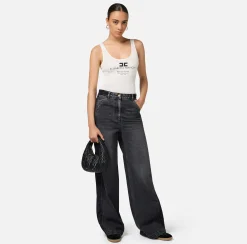 Jeans|Elisabetta Franchi Jeans a gamba larga in cotone con inserti in nylon Blackdenim