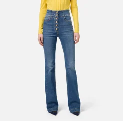 Jeans|Elisabetta Franchi Jeans a zampa in cotone stretch con bottoniera centrale Bluedenim