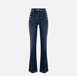 Jeans|Elisabetta Franchi Jeans a zampa in cotone stretch con bottoniera laterale Bluedenim