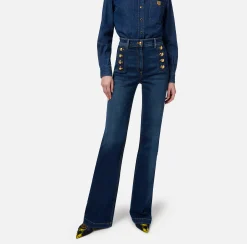 Jeans|Elisabetta Franchi Jeans a zampa in cotone stretch con bottoniera laterale Bluedenim