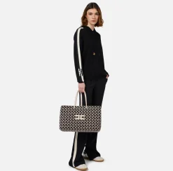 Borse A Spalla|Elisabetta Franchi Madame Monogram Shopper Con Logo Nero/Burro