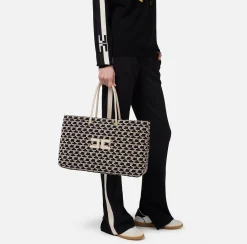 Borse A Spalla|Elisabetta Franchi Madame Monogram Shopper Con Logo Nero/Burro