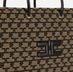 Borse A Spalla|Elisabetta Franchi Madame Monogram Shopper Con Logo Liquirizia/Nero