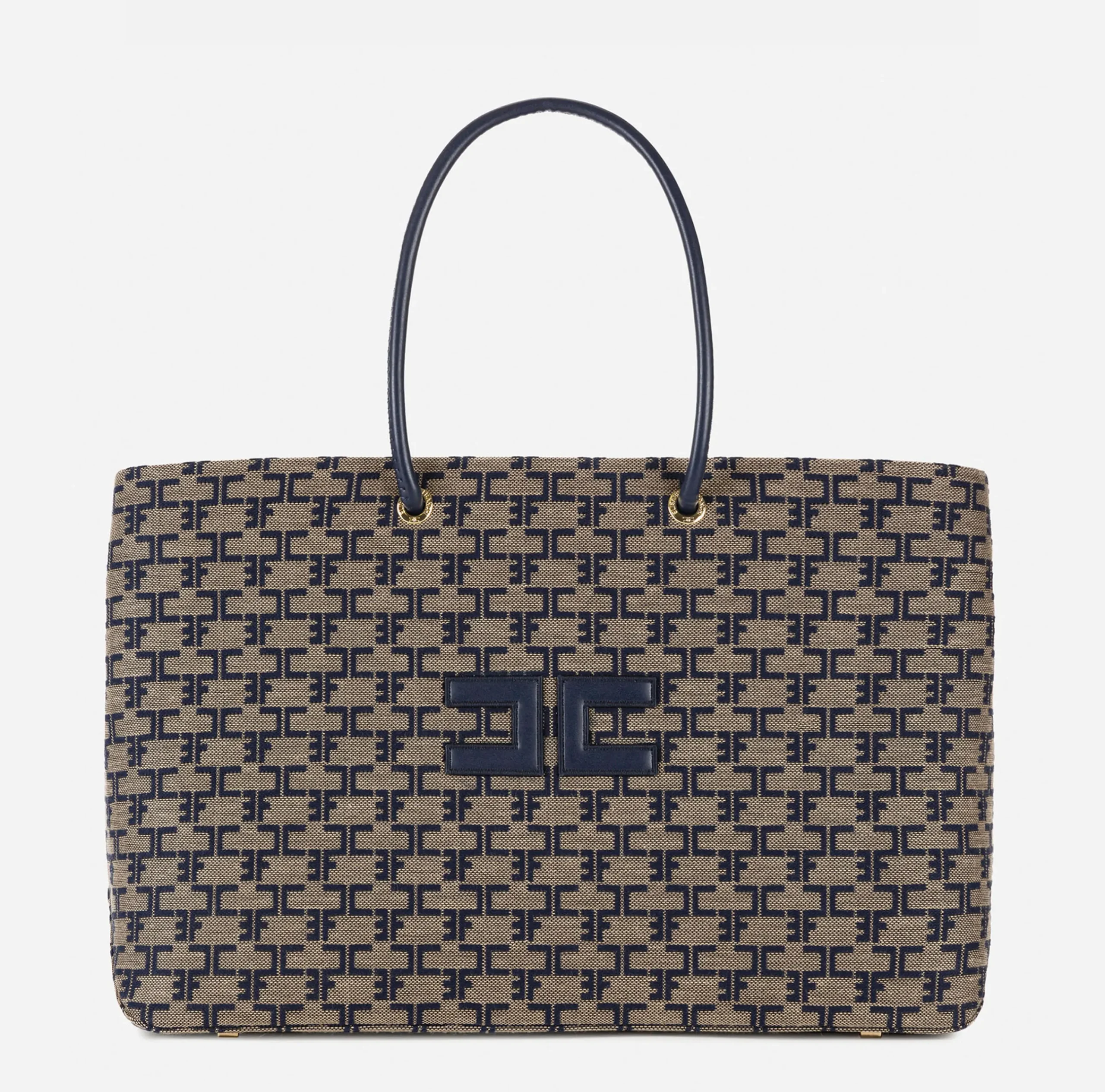 Borse A Spalla|Elisabetta Franchi Madame Monogram Shopper Con Logo Cammello/Blu