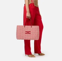Borse A Spalla|Elisabetta Franchi Madame Monogram Shopper Con Logo Burro/Rosso