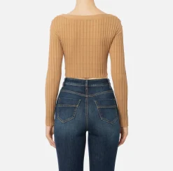 Maglieria E Felpe|Elisabetta Franchi Maglia cropped in viscosa a coste con bottoniera Camel