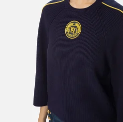 Maglieria E Felpe|Elisabetta Franchi Maglia cropped in viscosa con patch logo Navy/Mimosa