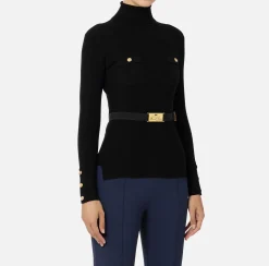 Maglieria E Felpe|Elisabetta Franchi Maglia dolcevita in lyocell e seta a costine con ricamo logo Nero