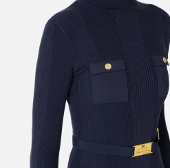 Maglieria E Felpe|Elisabetta Franchi Maglia dolcevita in lyocell e seta a costine con ricamo logo Navy
