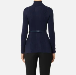 Maglieria E Felpe|Elisabetta Franchi Maglia dolcevita in lyocell e seta a costine con ricamo logo Navy