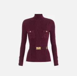 Maglieria E Felpe|Elisabetta Franchi Maglia dolcevita in lyocell e seta a costine con ricamo logo RougeNoir