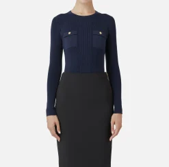 Maglieria E Felpe|Elisabetta Franchi Maglia girocollo in lyocell e seta a costine con ricamo logo Navy