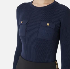 Maglieria E Felpe|Elisabetta Franchi Maglia girocollo in lyocell e seta a costine con ricamo logo Navy