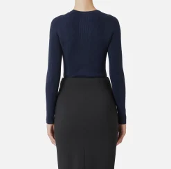 Maglieria E Felpe|Elisabetta Franchi Maglia girocollo in lyocell e seta a costine con ricamo logo Navy