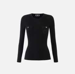 Maglieria E Felpe|Elisabetta Franchi Maglia girocollo in lyocell e seta a costine con ricamo logo Nero