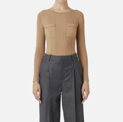 Maglieria E Felpe|Elisabetta Franchi Maglia girocollo in lyocell e seta a costine con ricamo logo Camel