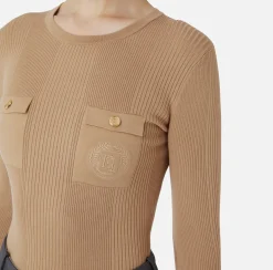 Maglieria E Felpe|Elisabetta Franchi Maglia girocollo in lyocell e seta a costine con ricamo logo Camel