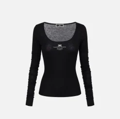 Top, T-Shirt & Body|Elisabetta Franchi Maglia in jersey e lana con logo Nero