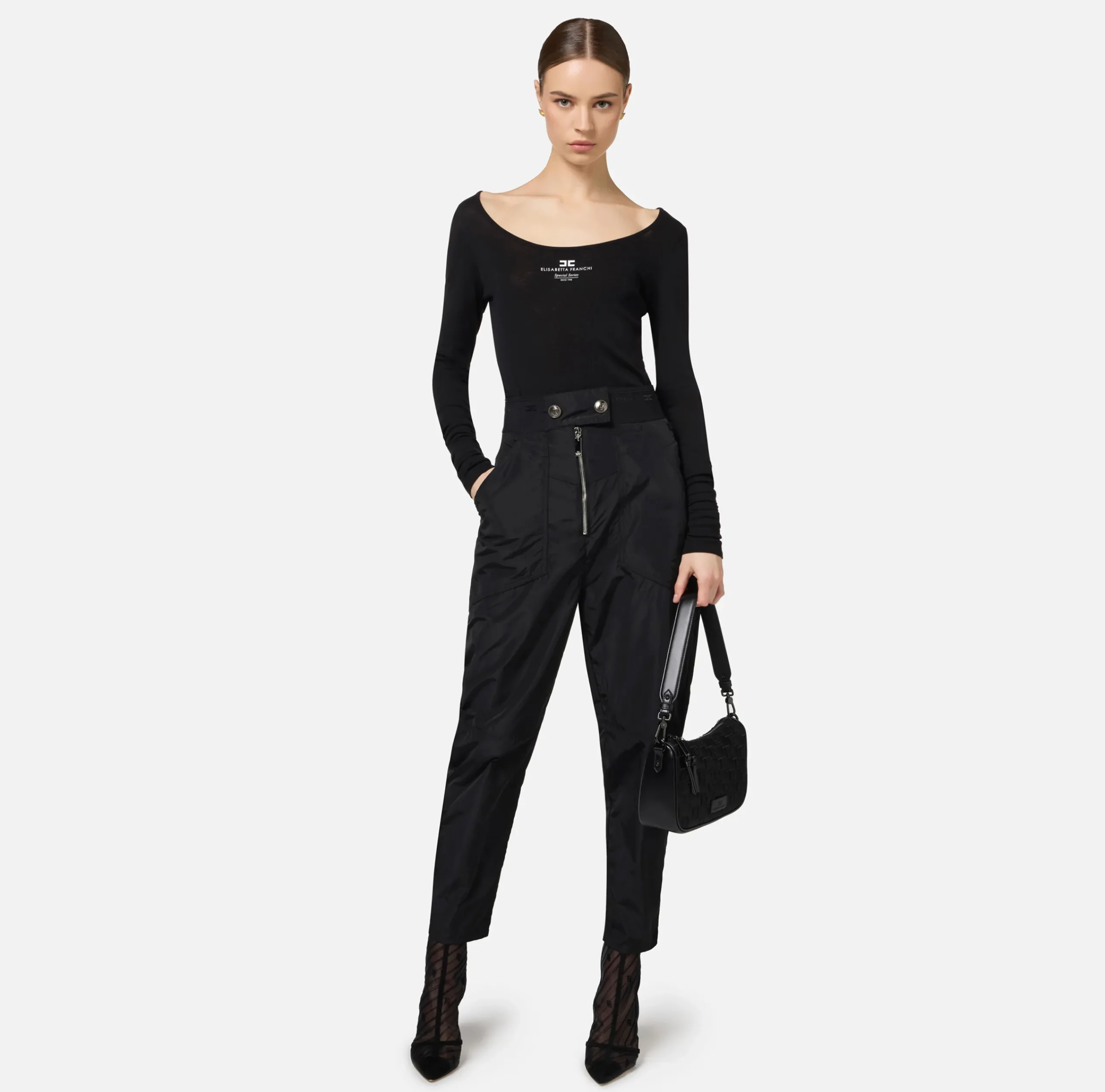 Top, T-Shirt & Body|Elisabetta Franchi Maglia in jersey e lana con logo Nero