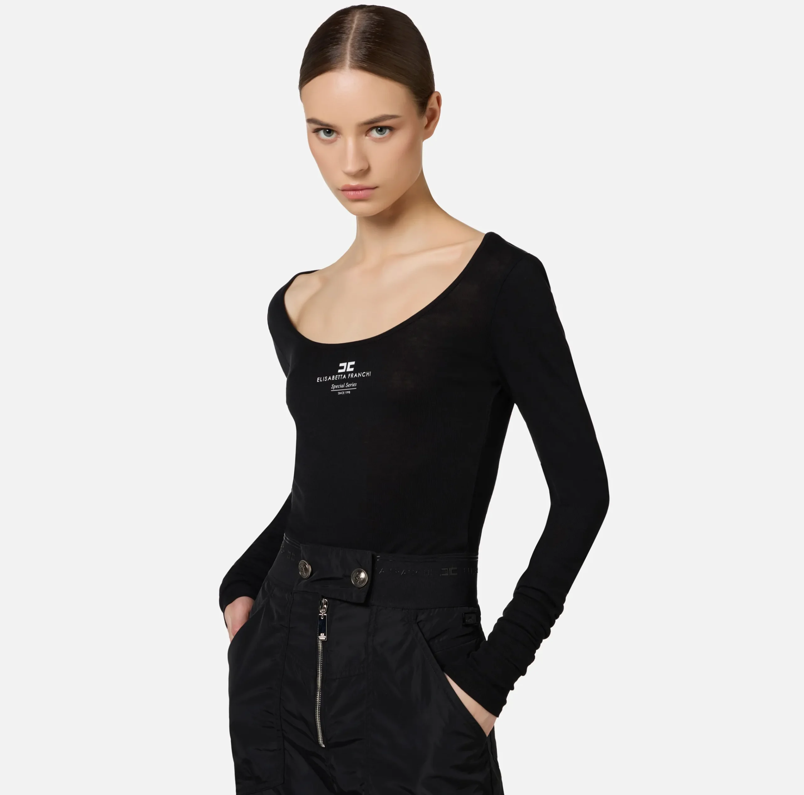 Top, T-Shirt & Body|Elisabetta Franchi Maglia in jersey e lana con logo Nero