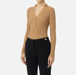 Maglieria E Felpe|Elisabetta Franchi Maglia in viscosa a coste con bottoniera Camel