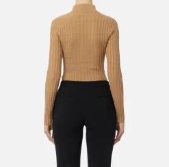 Maglieria E Felpe|Elisabetta Franchi Maglia in viscosa a coste con bottoniera Camel
