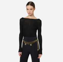 Maglieria E Felpe|Elisabetta Franchi Maglia in viscosa a costina plissé Nero