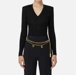 Maglieria E Felpe|Elisabetta Franchi Maglia in viscosa lucida a costine Nero