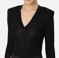 Maglieria E Felpe|Elisabetta Franchi Maglia in viscosa lucida a costine Nero