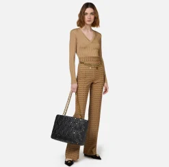 Maglieria E Felpe|Elisabetta Franchi Maglia in viscosa lucida a costine Camel