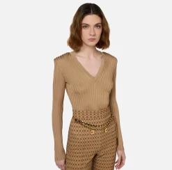 Maglieria E Felpe|Elisabetta Franchi Maglia in viscosa lucida a costine Camel