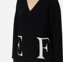 Maglieria E Felpe|Elisabetta Franchi Maglia incrociata in lana con logo Nero/Burro