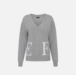 Maglieria E Felpe|Elisabetta Franchi Maglia incrociata in lana con logo GrigioMelange/Avorio