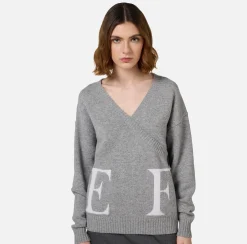Maglieria E Felpe|Elisabetta Franchi Maglia incrociata in lana con logo GrigioMelange/Avorio
