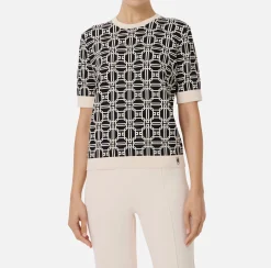 Maglieria E Felpe|Elisabetta Franchi Maglia logo in viscosa jacquard Nero/Burro