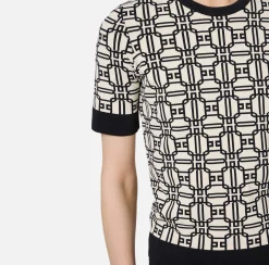 Maglieria E Felpe|Elisabetta Franchi Maglia logo in viscosa jacquard Burro/Nero