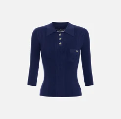 Maglieria E Felpe|Elisabetta Franchi Maglia polo in lyocell e seta a costine con ricamo logo Navy