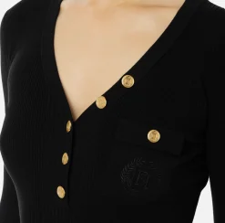 Maglieria E Felpe|Elisabetta Franchi Maglia scollo a V in lyocell e seta a costine con ricamo logo Nero