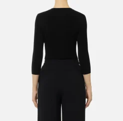 Maglieria E Felpe|Elisabetta Franchi Maglia scollo a V in lyocell e seta a costine con ricamo logo Nero