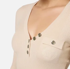 Maglieria E Felpe|Elisabetta Franchi Maglia scollo a V in lyocell e seta a costine con ricamo logo Lattice