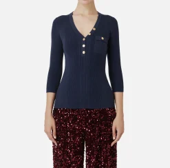 Maglieria E Felpe|Elisabetta Franchi Maglia scollo a V in lyocell e seta a costine con ricamo logo Navy