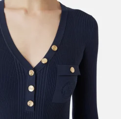 Maglieria E Felpe|Elisabetta Franchi Maglia scollo a V in lyocell e seta a costine con ricamo logo Navy