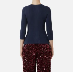 Maglieria E Felpe|Elisabetta Franchi Maglia scollo a V in lyocell e seta a costine con ricamo logo Navy