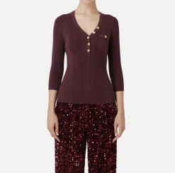 Maglieria E Felpe|Elisabetta Franchi Maglia scollo a V in lyocell e seta a costine con ricamo logo RougeNoir