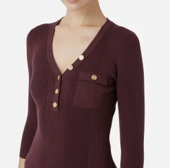 Maglieria E Felpe|Elisabetta Franchi Maglia scollo a V in lyocell e seta a costine con ricamo logo RougeNoir