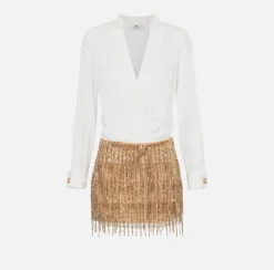 Abiti Red Carpet|Mini Abiti|Elisabetta Franchi Miniabito a camicia con gonna ricamata in paillettes Avorio/Gold